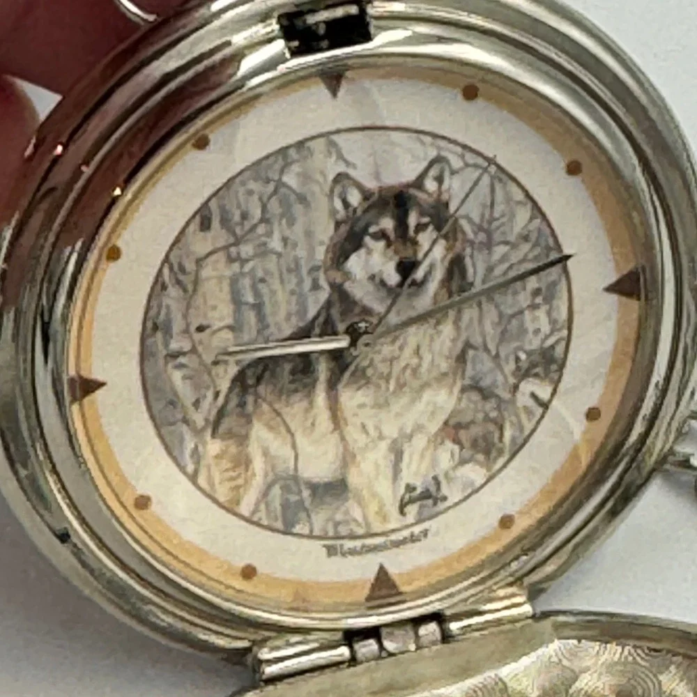 Westminster Wolf Pocket Watch Silver‎ Tone Hunter Case Wildlife Graphic & Chain